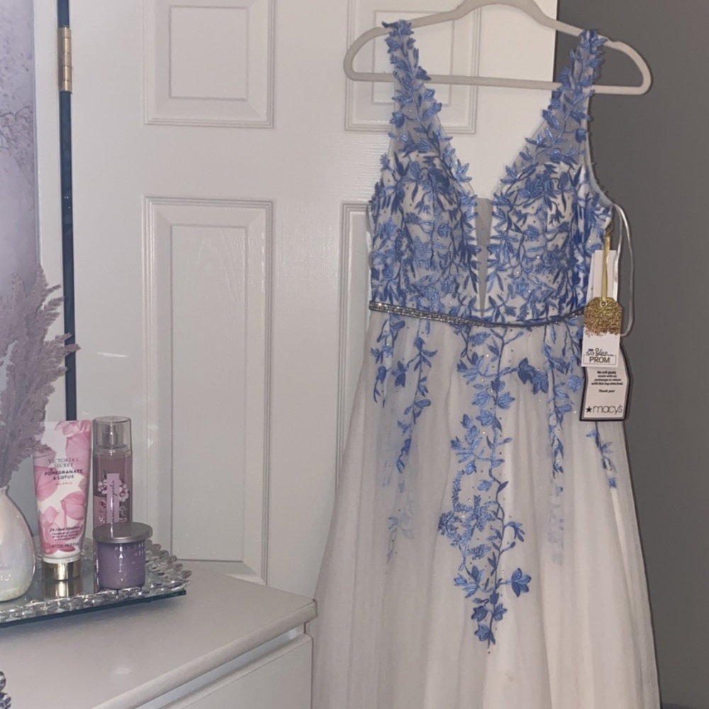 White and blue bridesmaid or prom dress